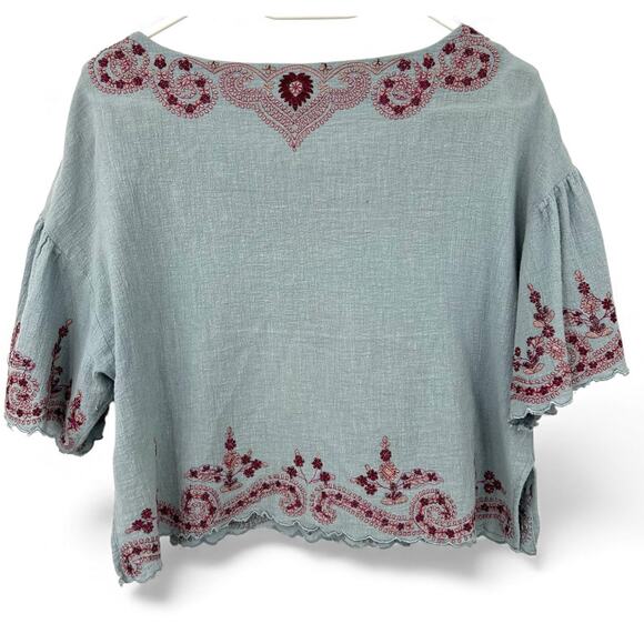 Free People S Adriana Woven Tee chambray embroidered top Cropped Blouse - Picture 5 of 9